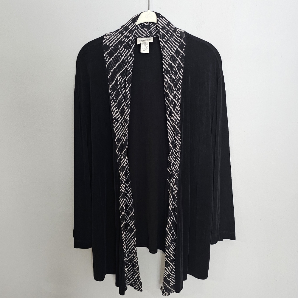 Chico’s Travelers Liquid Knit Cardigan Womens Size 3 (XL) Black Slinky Mesh Trim